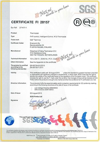 Сертификат «FI» - для терморегуляторов K12; Intelligent