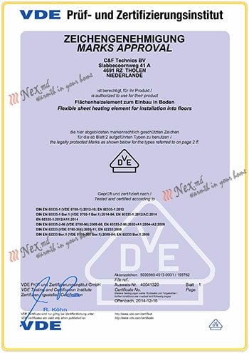 Certificat “VDE” pentru încălzirea prin pardoseală Magnum Mat sub teracotă