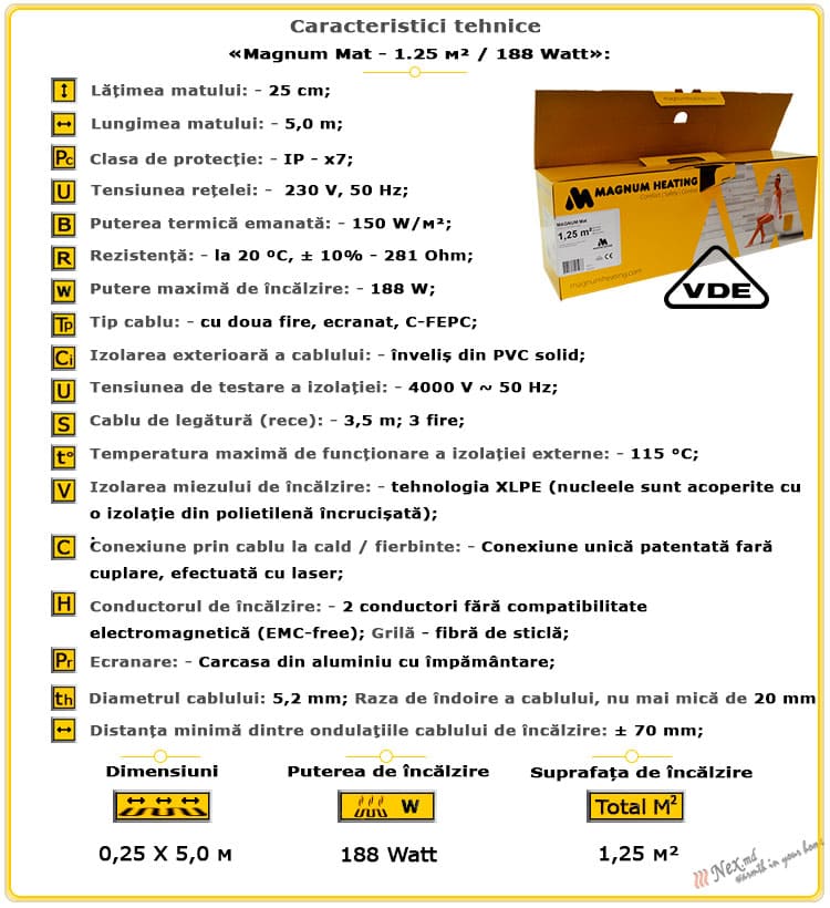 Caracteristicile tehnice Magnum Mat 1,25 m² - 188 wați