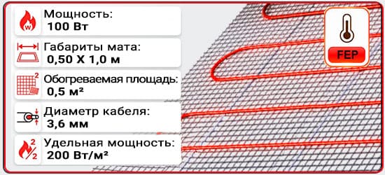 Технические характеристики для нагревательного мата - Классик 0,5 м2, 100 Ватт