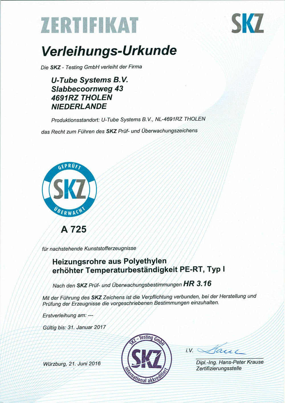 Сертификат качества «SKZ» для труб водяного тёплого пола «MAGNUM Tube»